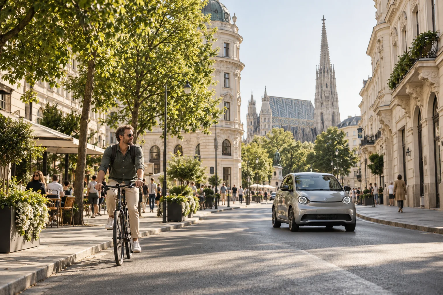 Zukunftsvision: Radfahrerin und kompaktes Stadtauto in einer grünen Wiener Straße